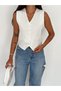 Women's White Body Fitting Woven Fabric Lined V-Neck Short Vest - 2