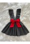 Girl's Black and White Polka Dots Red Bow Ruffle Strap Salopet Dress (100% Cotton Fabric)