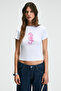 Athea Women's Crew Neck Short Sleeve Front Printed Slim White - Pink Printed T-Shirt - 2