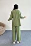 Lacing Detailed Shirt and Wide Leg Pants Double Set 2519 - Green - 5