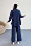 Lacing Detailed Shirt and Wide Leg Pants Double Set 2519 - Navy Blue - 6