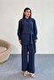 Lacing Detailed Shirt and Wide Leg Pants Double Set 2519 - Navy Blue - 4