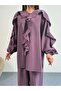 Ruffle Detail Long Sleeve Blouse and Wide Leg Pants Two Piece Set 8023 - Plum - 7