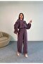 Ruffle Detail Long Sleeve Blouse and Wide Leg Pants Two Piece Set 8023 - Plum - 6