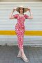 Watermelon Sleeve Large Floral Pattern Slit Square Neck Summer Midi Dress