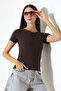 Rib Fabric Boat Neck Short Sleeve Basic Women's T-Shirt 21996 Brown
