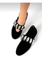 Women's Black Suede Ballerina Belted Ping Casual Shoes