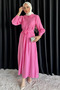 Pink Baby Collar Front Button Detailed Pleated Belted Hijab Dress - 3