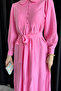Pink Baby Collar Front Button Detailed Pleated Belted Hijab Dress - 2