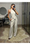 Emily Beige Bamboo Linen Asymmetrical Halter Neckline Blouse Pants Suit - 4