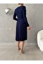 Long Sleeve Crepe Fabric Pleated Belt Dress Navy Blue 582259 - 5