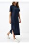 Women's Navy Blue Short Sleeve Side Slit Midi Length Combed Cotton Dress