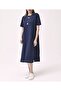 Women's Navy Blue Short Sleeve Side Slit Midi Length Combed Cotton Dress - 2