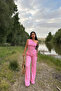 One Shoulder Seersucker Fabric Pink Blouse Pants Set