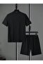 Paris Horizontal Line T-Shirt Shorts - Black Shorts T-Shirt Bottom Top Set Printed Crew Neck - 2