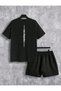 Los Angeles Stripe Line T-Shirt Shorts - Black Shorts T-Shirt Bottom Top Set Printed Crew Neck
