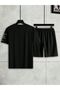 The Dream Collar Detail T-Shirt Shorts - Black Shorts T-Shirt Bottom Top Set Printed Crew Neck - 2