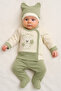 100% Cotton 3-Piece Hospital Release 0-3 Months Booties Bottom Long Sleeve Self-Gloves Top Eared Hat - 2
