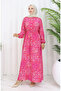 Waist Lace-Up Patterned Viscose Dress 2084-01 Fuchsia - 2