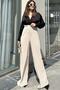 Women's Beige Pleated Wrinkled Knitted Crepe Pants with Elastic Waist - 700-3578 - 3