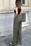 Women's Khaki Cargo Pocket Elastic Waist Beige Palazzo Trousers - 700-3600 - 5