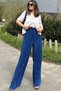 Women's Navy Blue Pleated Wrinkled Knitted Crepe Elastic Waist Pants - 700-3578