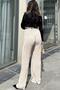 Women's Beige Pleated Wrinkled Knitted Crepe Pants with Elastic Waist - 700-3578 - 7