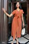 Women's Tile V-Neck Slit Linen Dress - 700-3221 - 4
