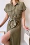 Women's Khaki Casual Fit Self-Textured Safari Shirt Dress with Pockets and Belt-- 700-K4045 - 2