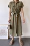 Women's Khaki Casual Fit Self-Textured Safari Shirt Dress with Pockets and Belt-- 700-K4045 - 6