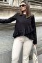 Women's Black Ruffled Asymmetrical Cotton Linen Blouse - 700-3571 - 3