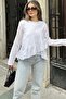 Women's White Ruffled Asymmetrical Cotton Linen Blouse - 700-3571 - 2