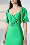 Light Green Self Belt Crepe Fabric Short Sleeve Dress - 7