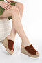 Women's Genuine Leather Straw Wedge Heeled Slippers 6323 Taba Suede - 2