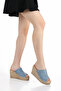Women's Genuine Leather Straw Wedge Heeled Slippers 6323 Petrol Blue - 2