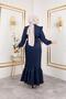 Women's Ruffle Detailed Belted Navy Blue Linen Dress - 5
