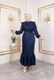 Women's Ruffle Detailed Belted Navy Blue Linen Dress - 3