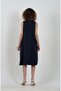 Navy Blue Pleated Front V-Neck Linen Dress - 3