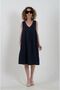 Navy Blue Pleated Front V-Neck Linen Dress - 2