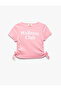 Cotton Slogan Printed Drawstring Detail Short Sleeve Crop T-Shirt