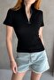Women's Black Zippered Ribbed Knitted Blouse - 4
