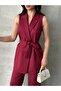 Women's Belted Buttoned Vest Pants Suit - 3