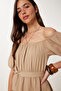 Women's Beige Flounced Summer Muslin Dress Mx00217 - 4