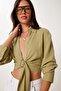 Women's Olive Green Wrap Collar Linen Blended Blouse Mx00204 - 3