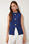 Gold Button Ribbed Knitted Blouse Cobalt Blue Lzv0007