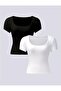 Women's Black-White Square Collar Short Sleeve 2-Piece Suit Black and White Blouse - 4