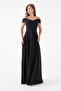 Women's Stretchy Atlas Fabric Thin Strap Off Shoulder Detailed 147 cm Maxi Size Black Evening Dress 342 - 6
