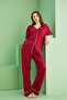 Burgundy Shirt Collar Buttoned Bias Short Sleeve Viscose Wide-Fit Pajama Suit7828 - 2