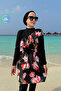 Floral Patterned Ruffle Detail Full Covered 2-Piece Hijab Swimsuit - Black - 5