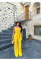 Women's Strapless Tie-Up Asymmetrical Cut Blouse and Wide Leg Pants